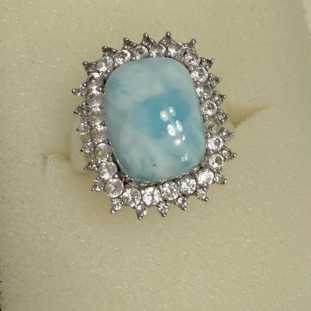 Larimar and white zircon ring. Large presentation in sterling silver